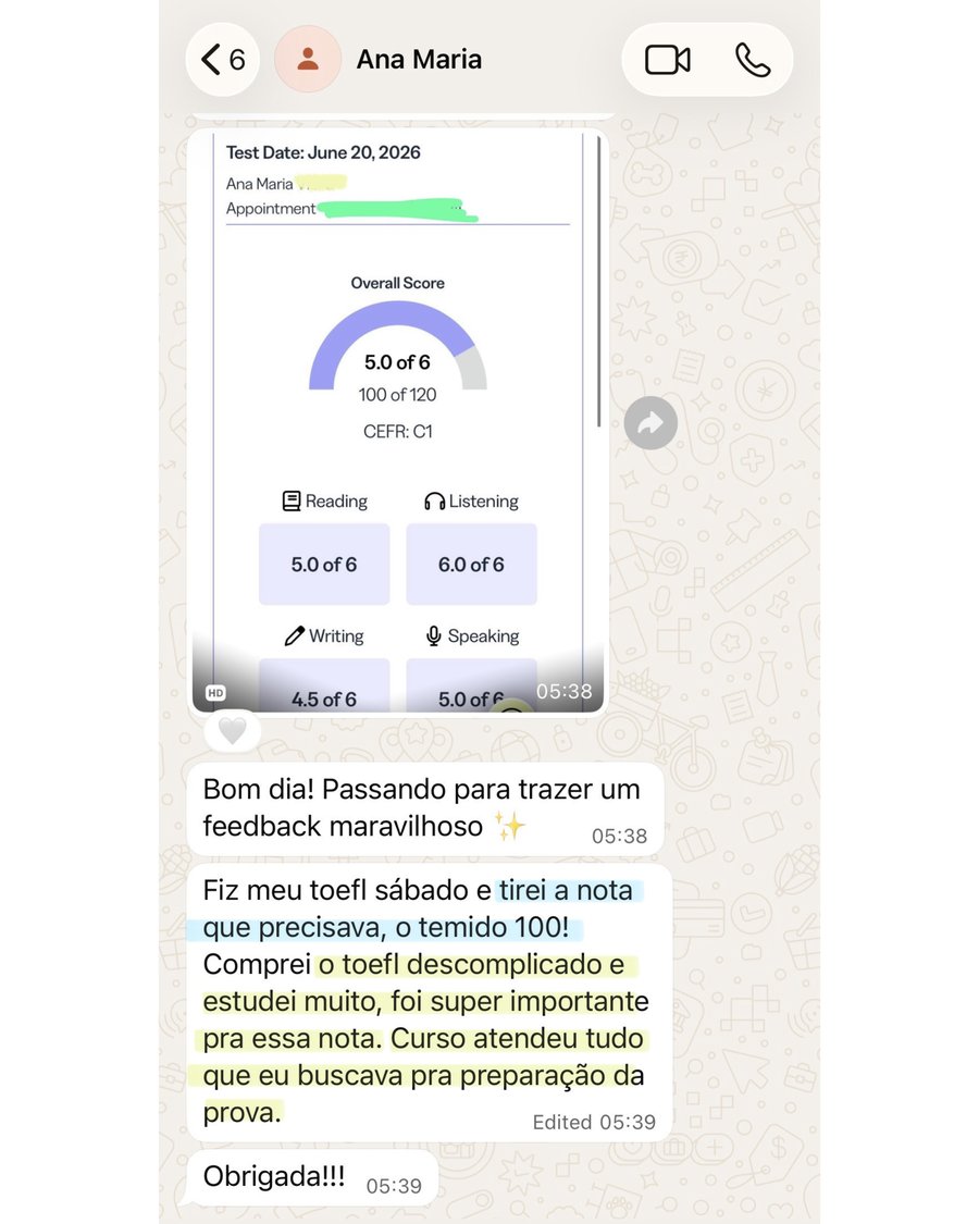 Resultado do TOEFL da aluna Ana Maria e mensagem de feedback