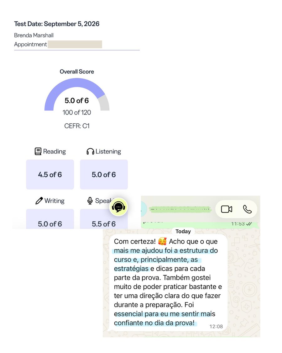 Resultado do TOEFL da aluna Brenda e mensagem agradecendo pelo curso