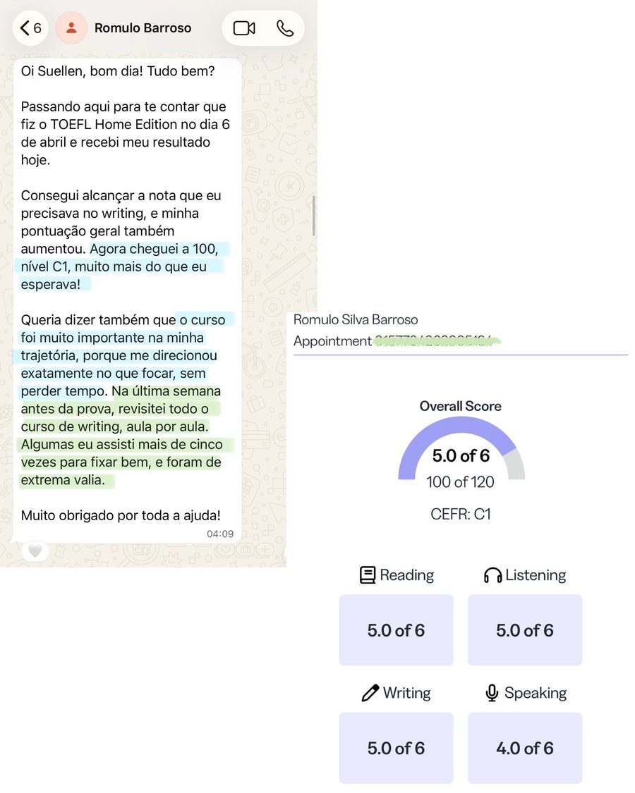 Mensagem do aluno Romulo e resultado com 100 pontos no TOEFL